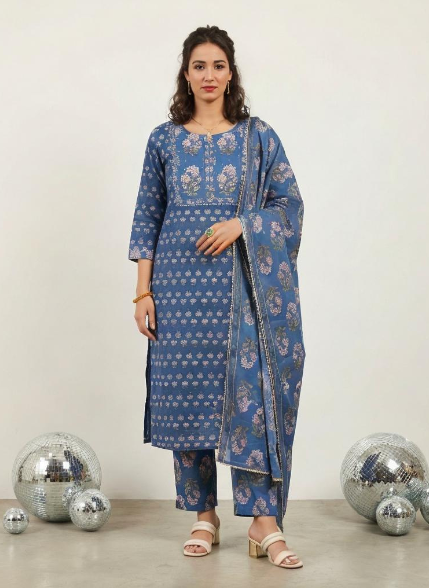 Women Blue Printed Cotton Kurta Pant Dupatta Set