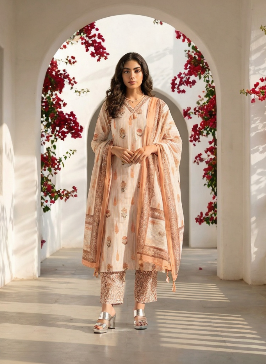 Peach Cotton Printed Kurta Set with Dupatta for Women | Summer Festive Wear