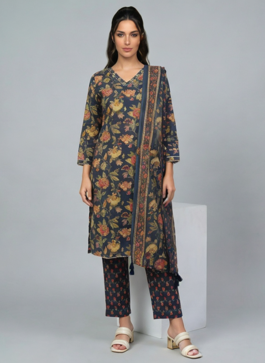 Navy Blue Floral Printed Kurta Set with Dupatta for Women | Ethnic Wear