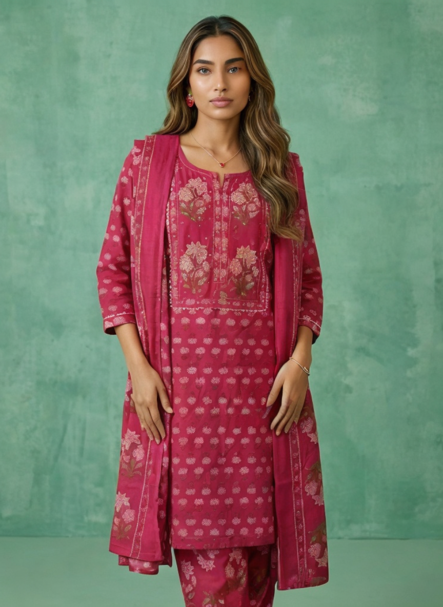 Women Rani Pink Printed Cotton Kurta Pant Dupatta Set