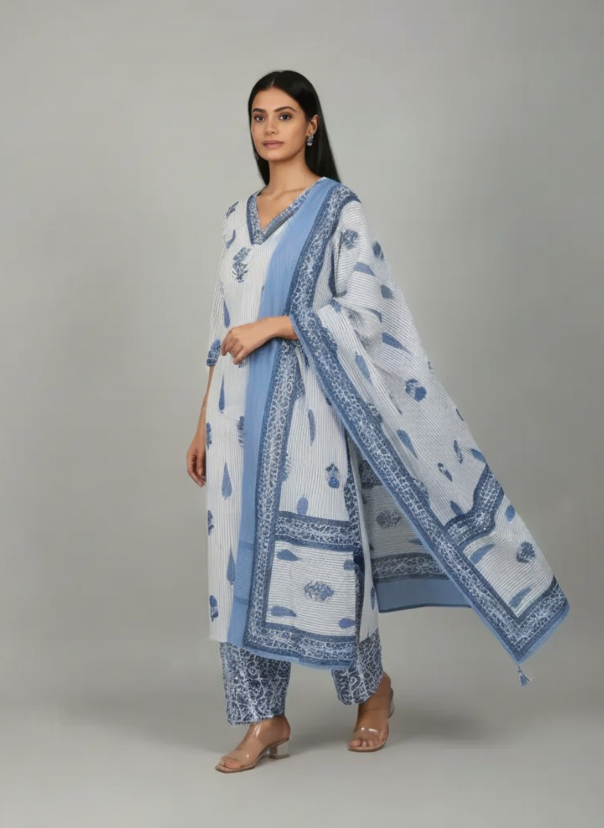 Blue Cotton Printed Kurta Set with Dupatta for Women | Summer Ethnic Wear