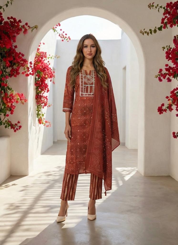 Women Onion Printed Cotton Kurta Pant Dupatta Set