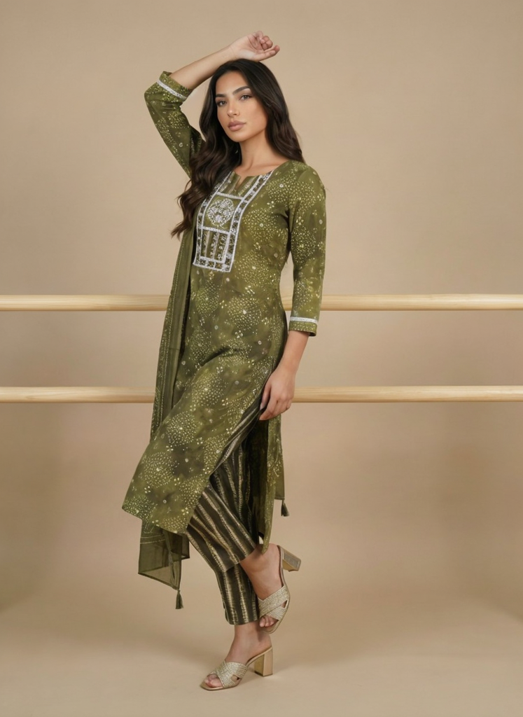 Women Green Printed Cotton Kurta Pant Dupatta Set