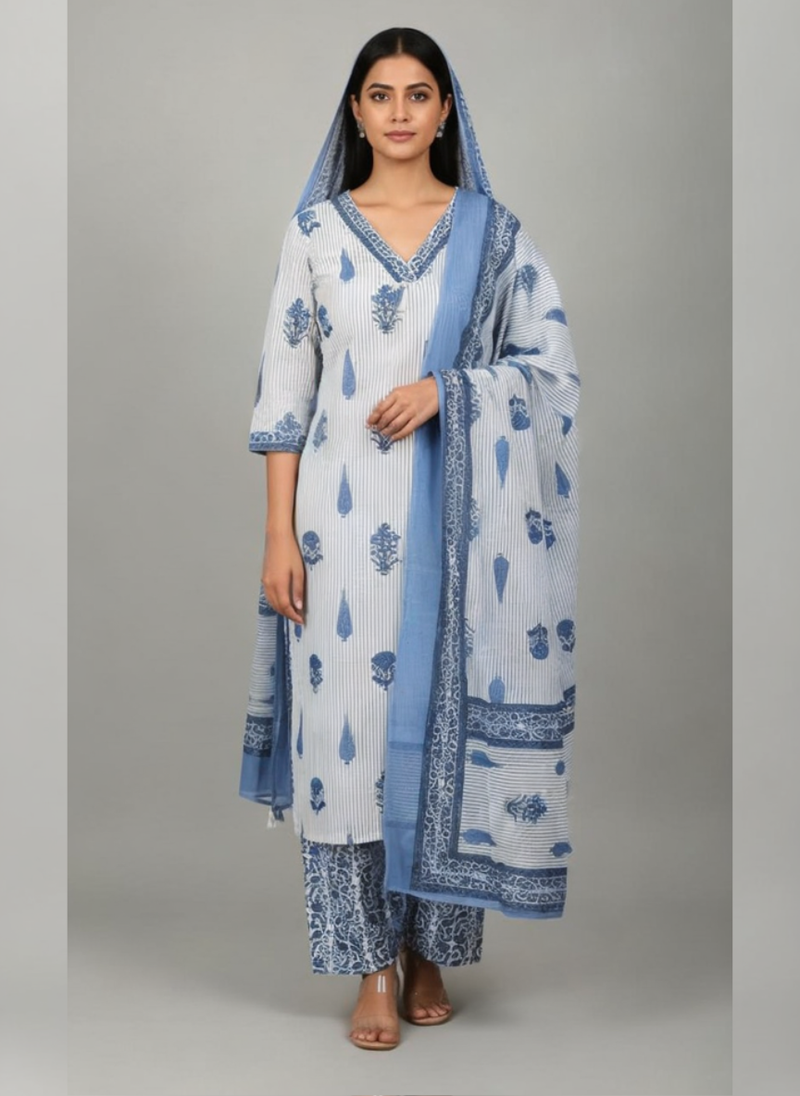 Blue Cotton Printed Kurta Set with Dupatta for Women | Summer Ethnic Wear