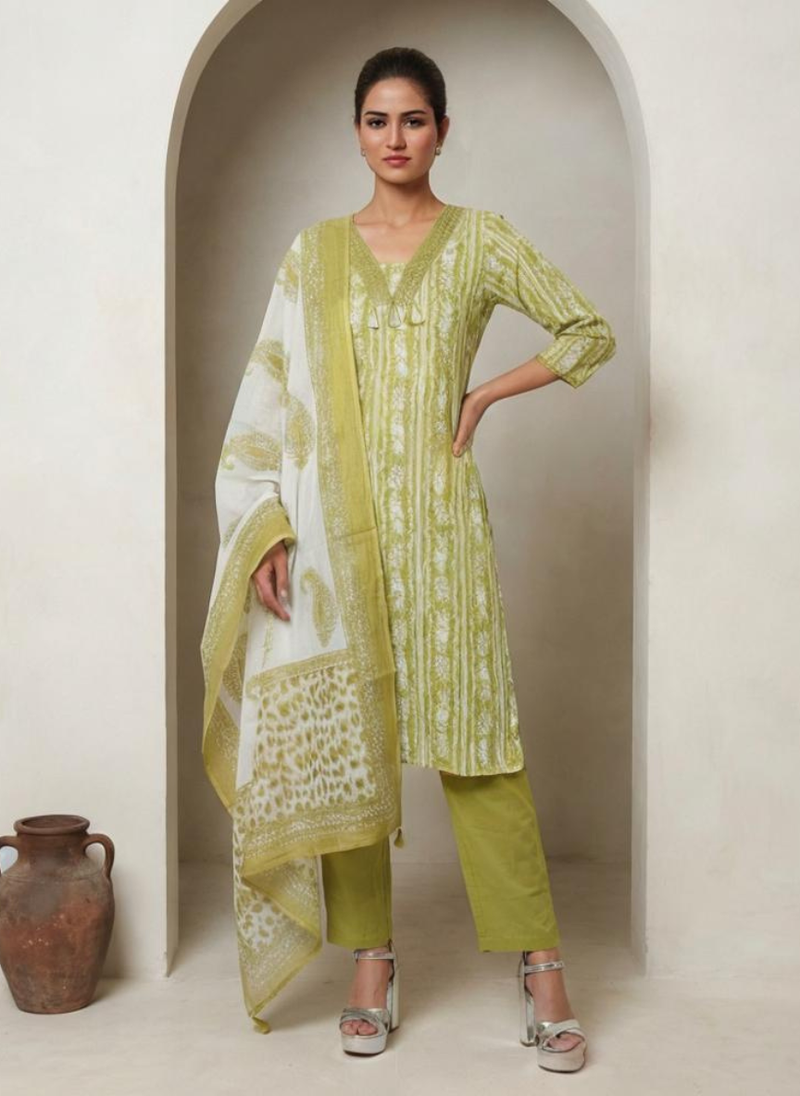 Lime Green Printed Kurta Set with Dupatta for Women | Ethnic Straight Kurti Pant Set | Summer Festive Wear