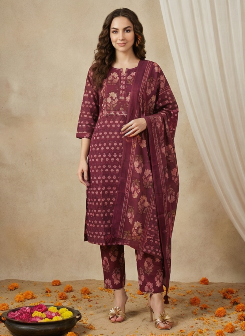 Women Maroon Printed Cotton Kurta Pant Dupatta Set