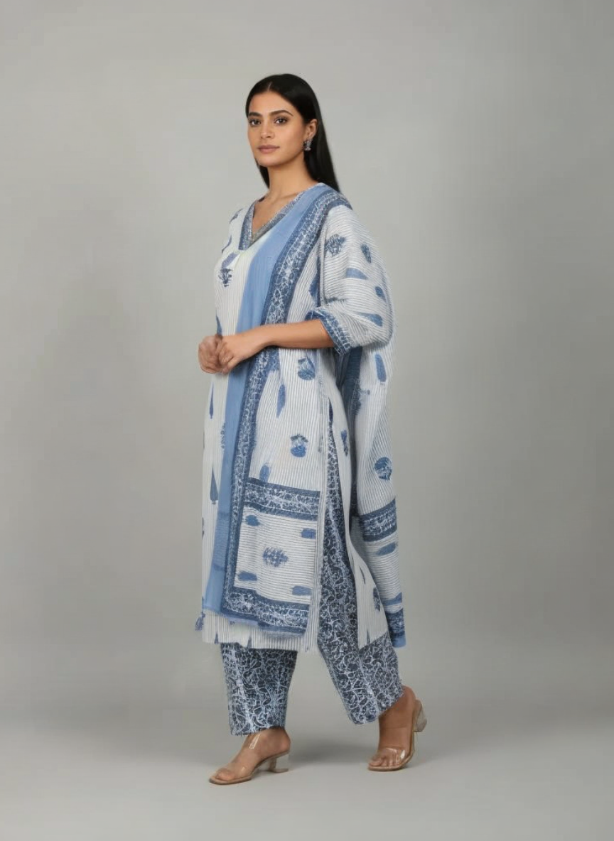 Blue Cotton Printed Kurta Set with Dupatta for Women | Summer Ethnic Wear