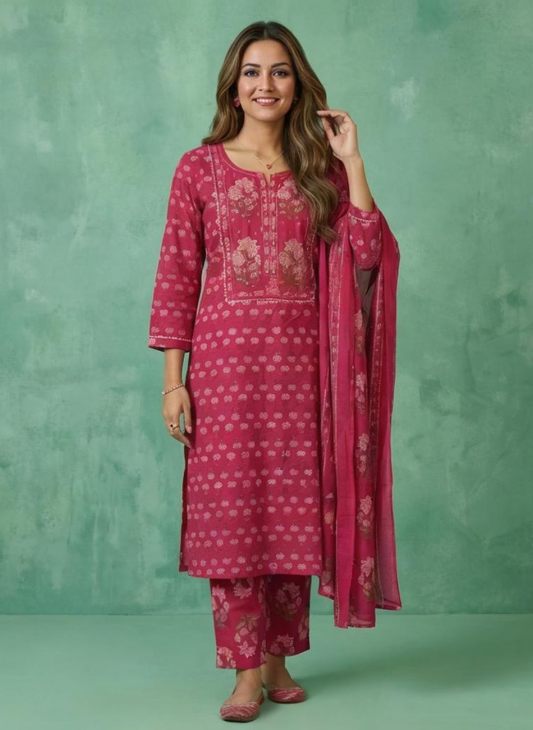Women Rani Pink Printed Cotton Kurta Pant Dupatta Set