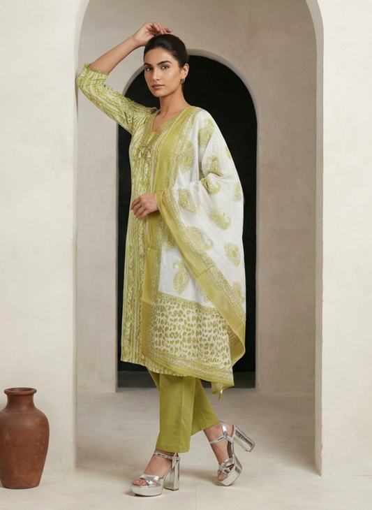 Lime Green Printed Kurta Set with Dupatta for Women | Ethnic Straight Kurti Pant Set | Summer Festive Wear