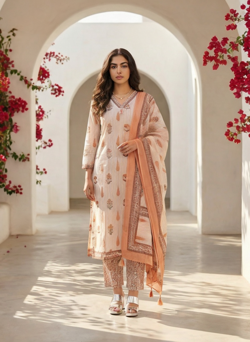 Peach Cotton Printed Kurta Set with Dupatta for Women | Summer Festive Wear