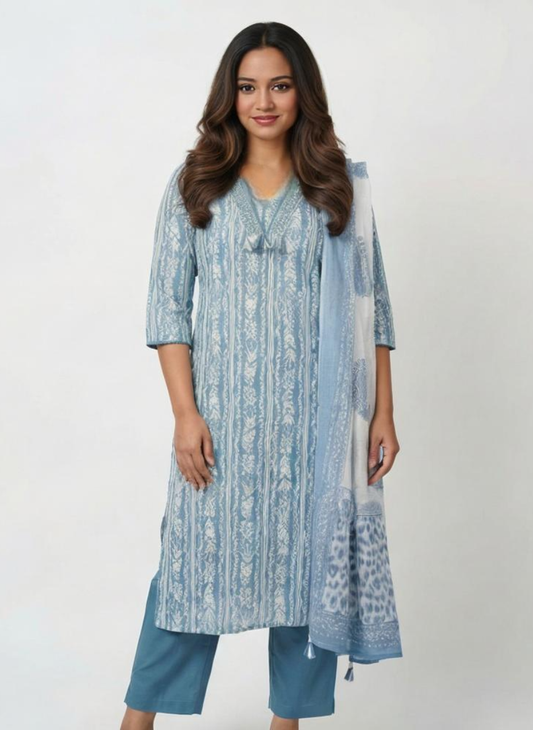 Women Sky Blue Printed Cotton Kurta Pant Dupatta Set