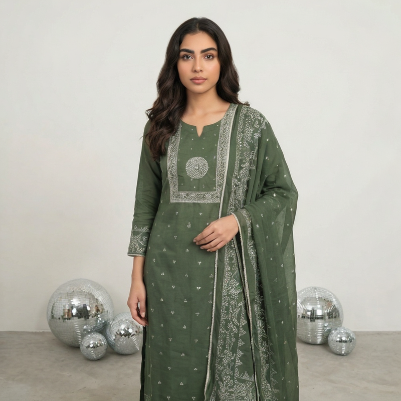 Women Dark Green Printed Cotton Kurta Pant Dupatta Set