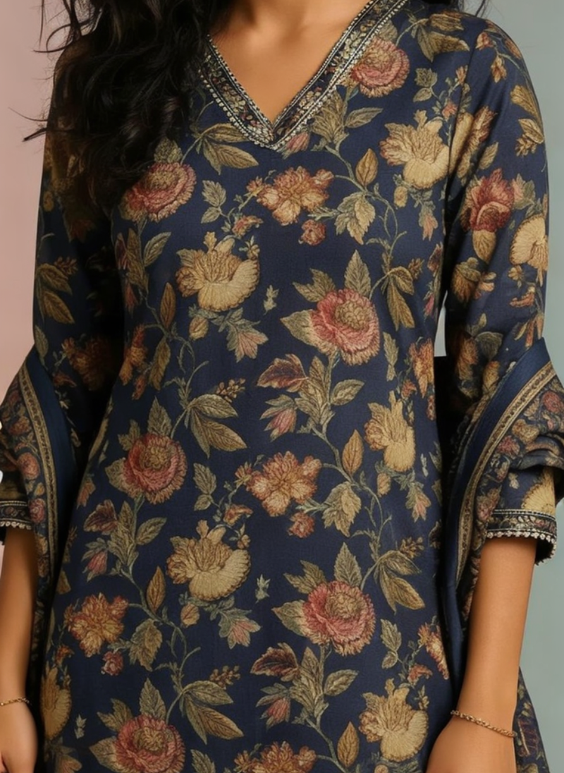 Navy Blue Floral Printed Kurta Set with Dupatta for Women | Ethnic Wear