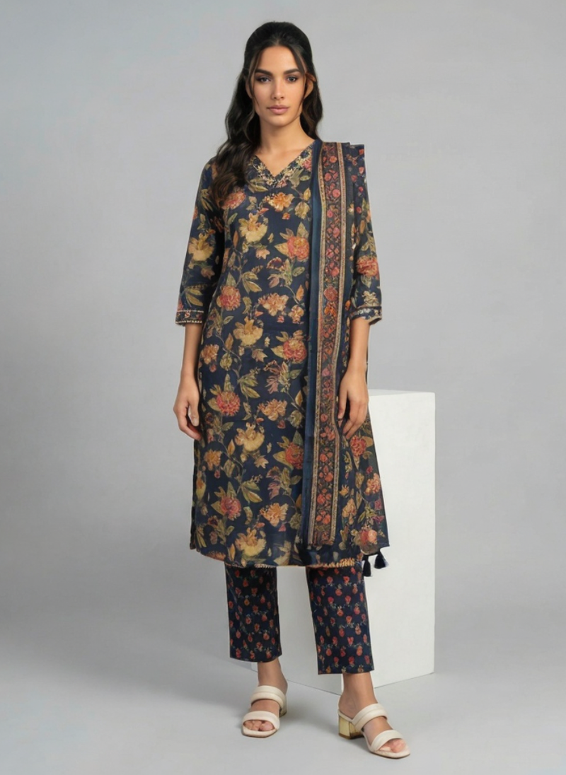 Navy Blue Floral Printed Kurta Set with Dupatta for Women | Ethnic Wear
