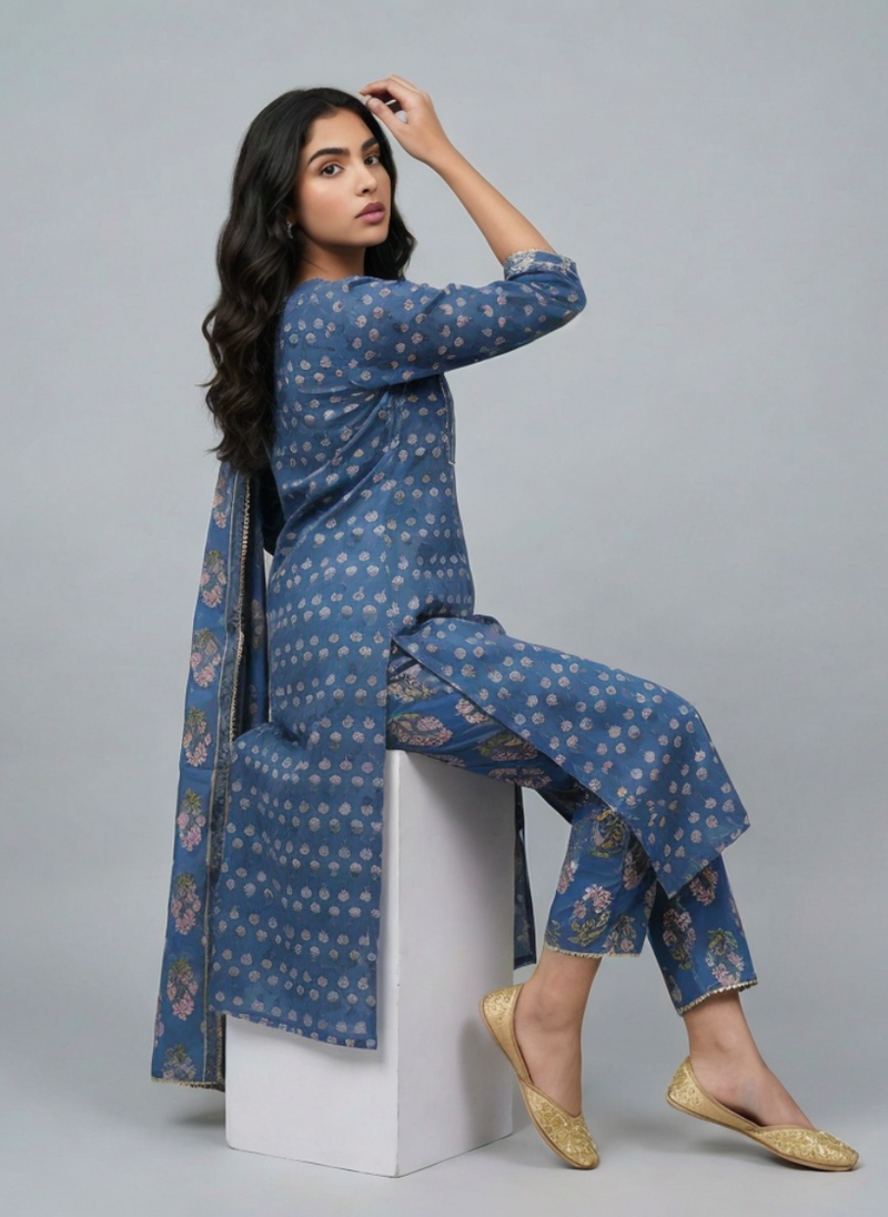 Women Blue Printed Cotton Kurta Pant Dupatta Set