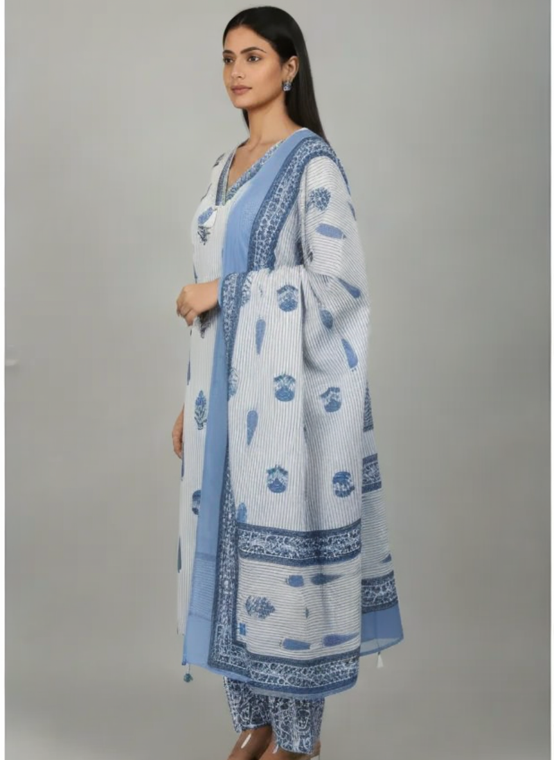 Blue Cotton Printed Kurta Set with Dupatta for Women | Summer Ethnic Wear