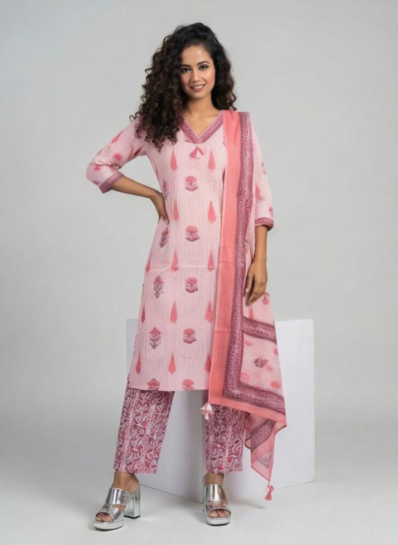 Women Pink Printed Cotton Kurta Pant Dupatta Set