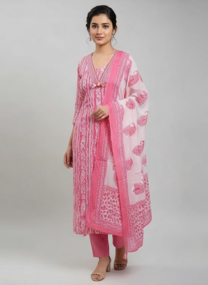 Pink Printed Kurta Set with Dupatta for Women | Ethnic Straight Kurti Pant Set | Festive & Office Wear Suit