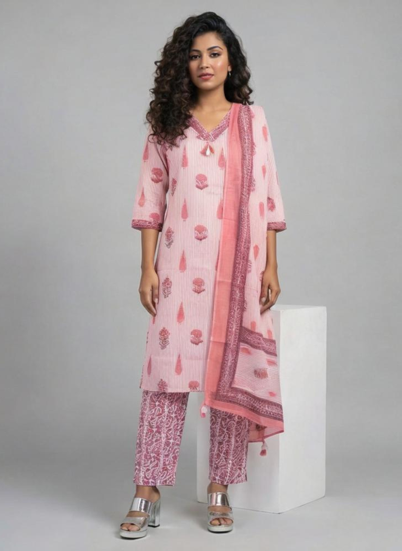 Women Pink Printed Cotton Kurta Pant Dupatta Set