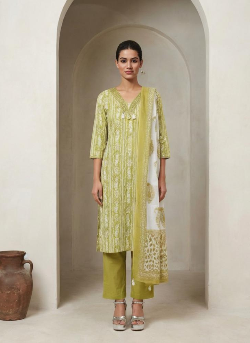 Lime Green Printed Kurta Set with Dupatta for Women | Ethnic Straight Kurti Pant Set | Summer Festive Wear