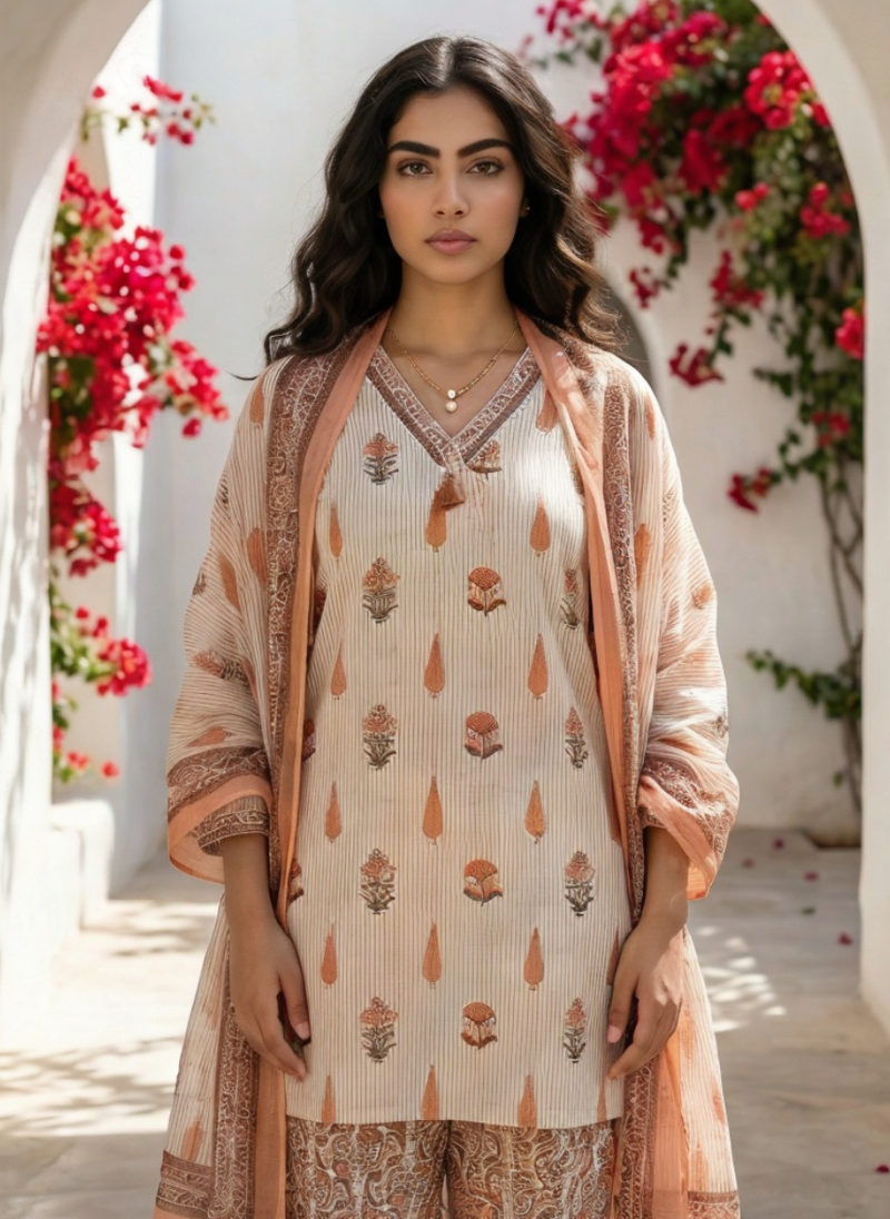 Peach Cotton Printed Kurta Set with Dupatta for Women | Summer Festive Wear