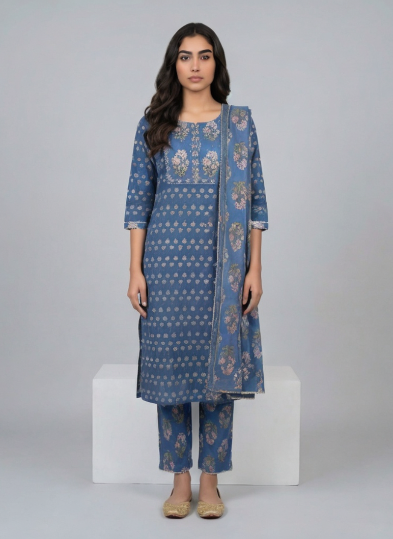 Women Blue Printed Cotton Kurta Pant Dupatta Set