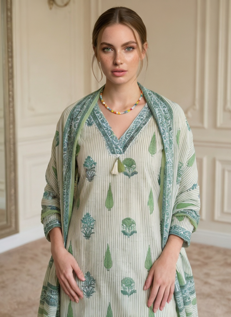 Green Cotton Printed Kurta Set with Dupatta for Women | Summer Ethnic Wear