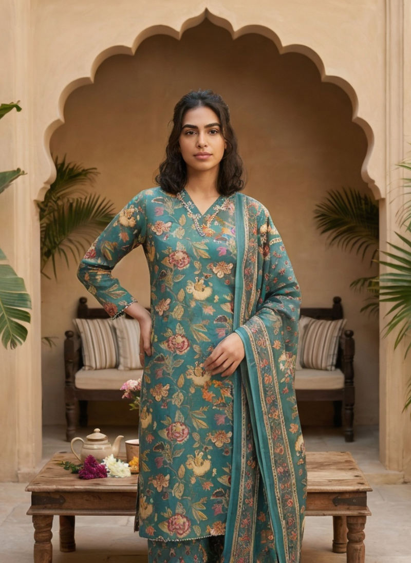 Green Floral Printed Straight Kurta Pant Set with Dupatta for Women