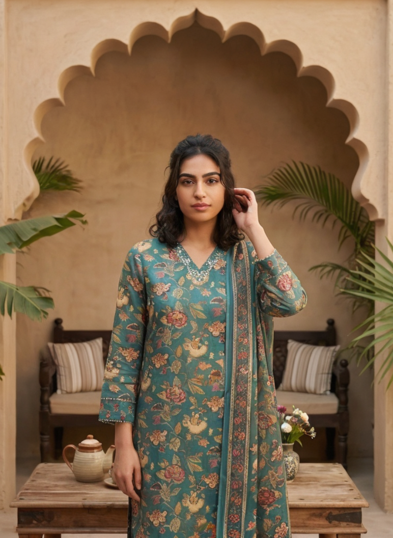 Green Floral Printed Straight Kurta Pant Set with Dupatta for Women