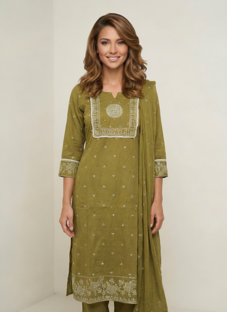 Women Green Printed Cotton Kurta Pant Dupatta Set