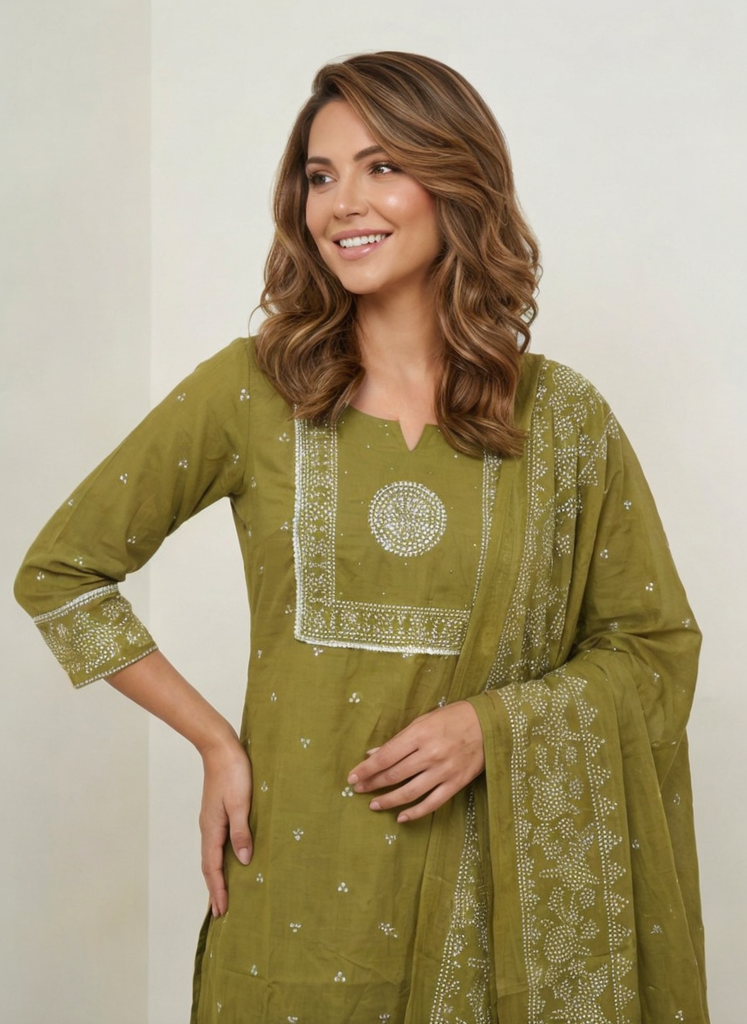 Women Green Printed Cotton Kurta Pant Dupatta Set