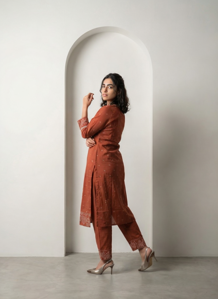 Women Rust Printed Cotton Kurta Pant Dupatta Set