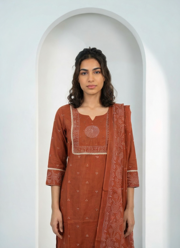 Women Rust Printed Cotton Kurta Pant Dupatta Set