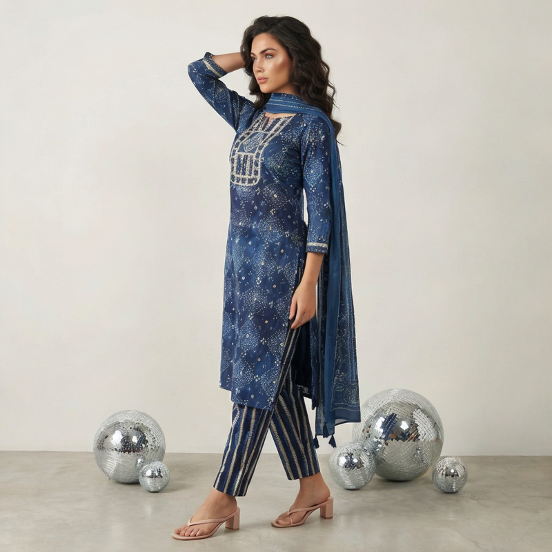 Women Indigo Blue Printed Cotton Kurta Pant Dupatta Set