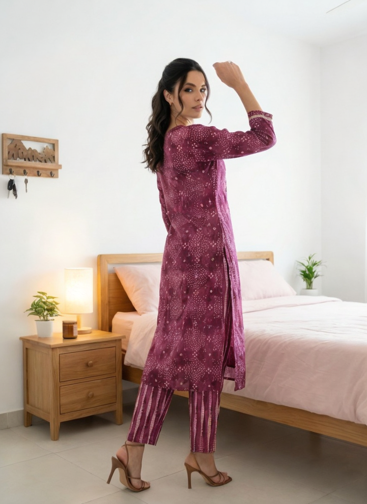 Women Purple Printed Cotton Kurta Pant Dupatta Set